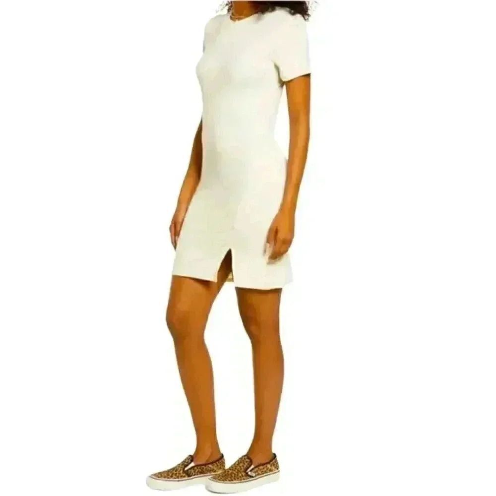 BP Women's Ivory Rayon/Spandex Ribbed Knit Short Sleeve Dress